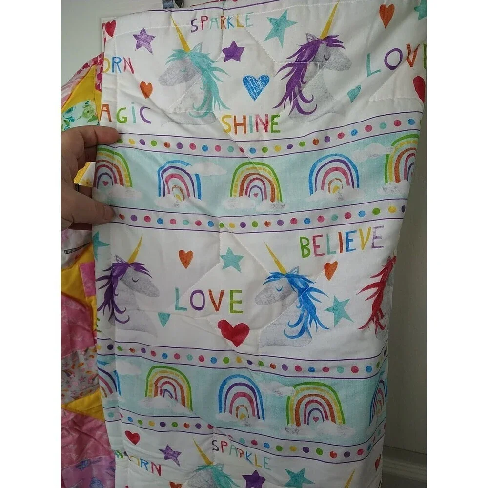 Handmade unicorn Rainbow Flower Heart Quilted Girls Lap/baby Quilt Size37.5